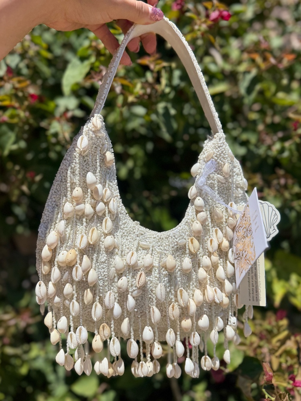 NWT Made in India Cream White Shell Fringe Tassel Draped Beaded Shoulder Bag